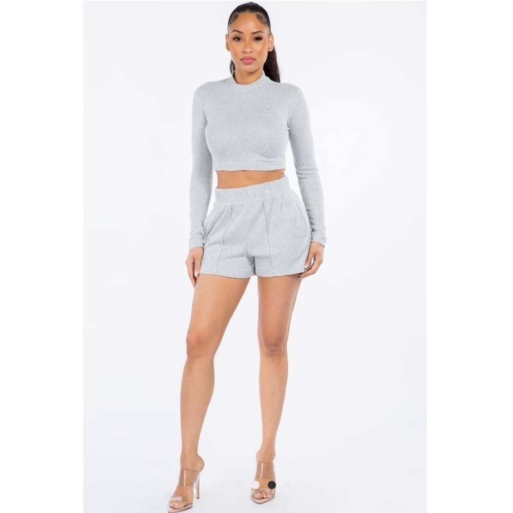 Waffle Knit Top & Shorts Lounge Set, Lt Grey